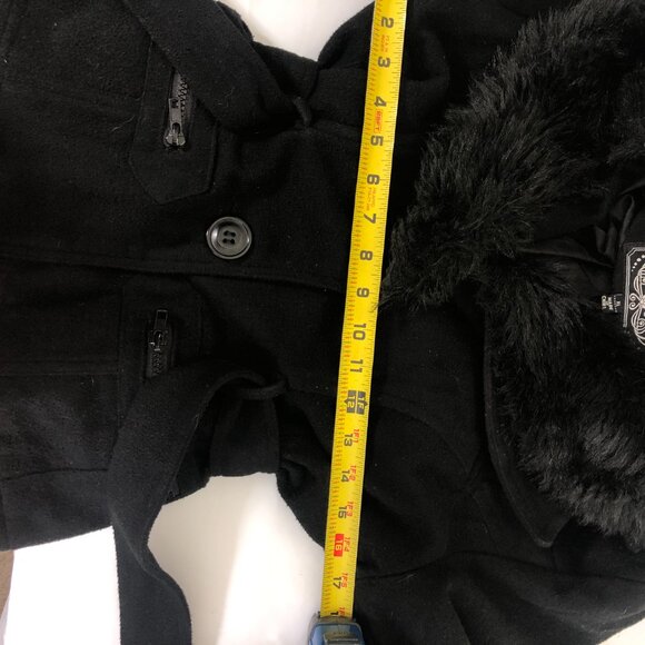 NWOT Last Kiss Black Pea Coat Women's Faux-fur Collar Belted Button Up Size X-LG - Picture 13 of 16